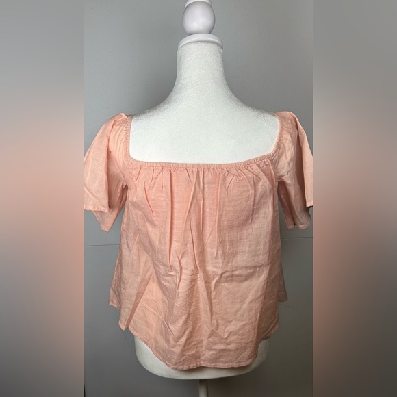 Express Light Coral Off-Shoulder Blouse. Linen Blend. - Picture 3 of 10